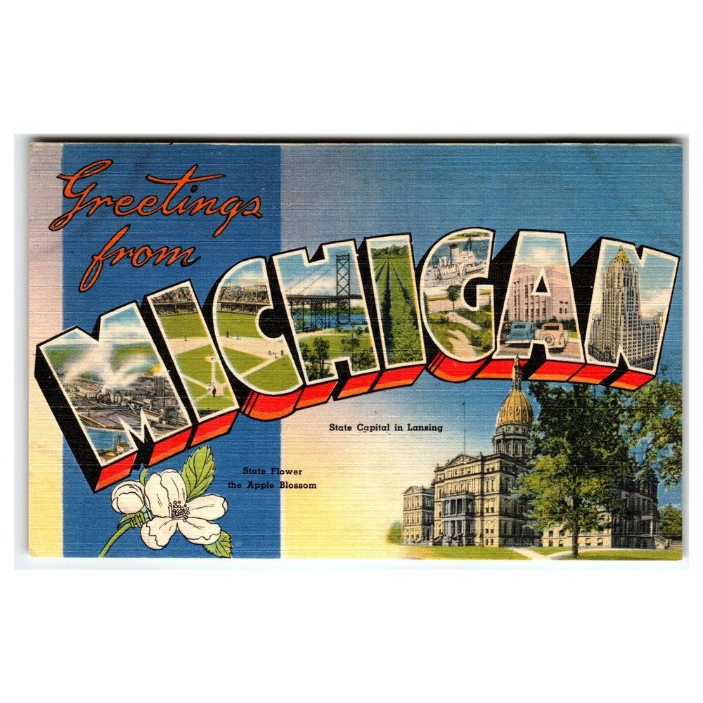 Michigan Large Letter Linen Postcard State Capitol Lansing Apple Blossom Vintage